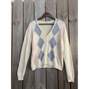 John Galt Brandy Melville Pastel Argyle Cardigan Cream Blue Pink Coquette Preppy
